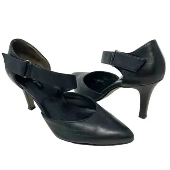 Paul Green Desire Black Leather Cross Ankle Strap Pointed-Toe Heels - Size 8.5 - Picture 1 of 7